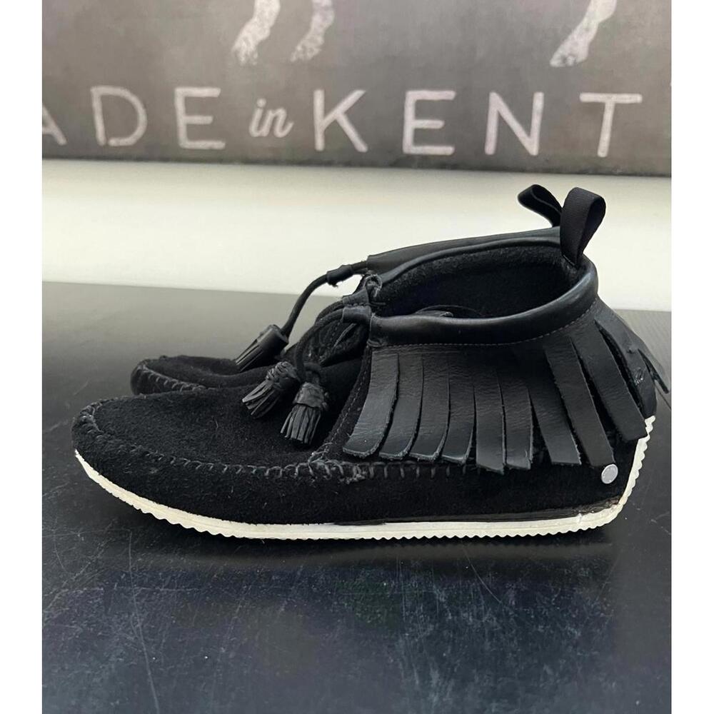 rag and bone "ghita" Boho Black Suede Moccasin Boots with Fringe and Tassels -10